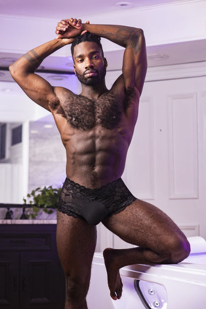 Male Power Sassy Lace Mini Short Sheer Pouch - Black