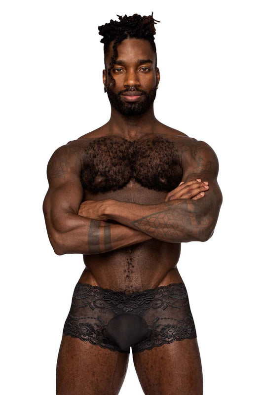 Male Power Men's Underwear 127-280 Sassy Lace Mini Short Sheer Pouch Color Black