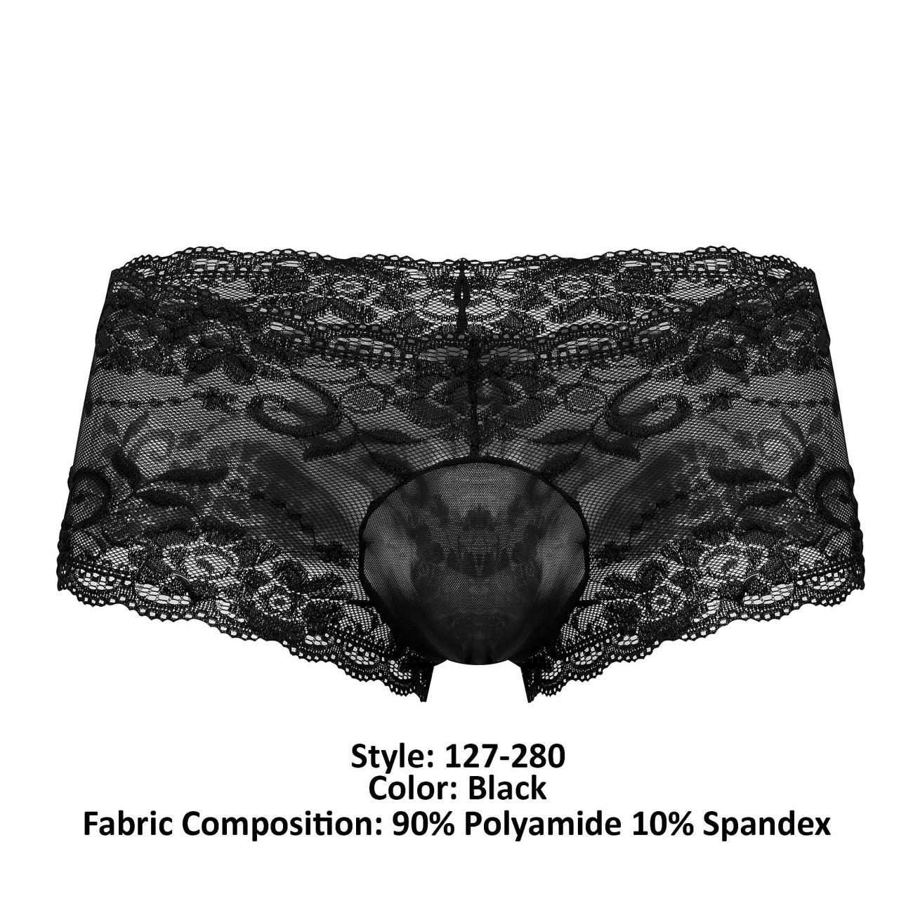 Male Power Men's Underwear 127-280 Sassy Lace Mini Short Sheer Pouch Color Black