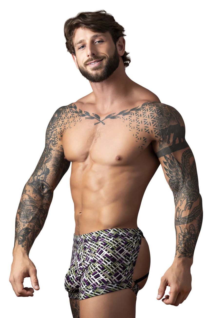 Male Power Men's Underwear 148-303 Gridlocked Strappy Back Short Color Printed