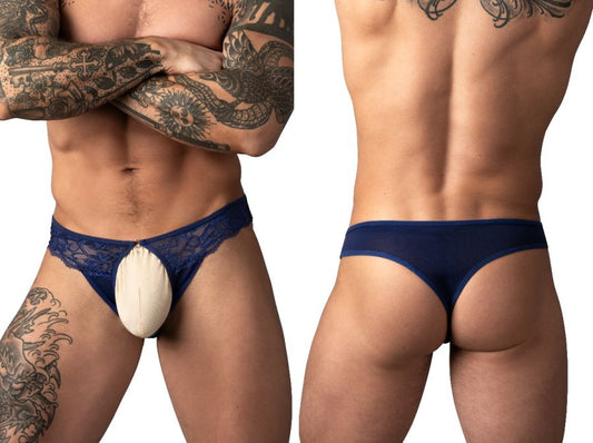 Male Power Men's Underwear 409-280 Sassy Lace Open Ring Thong Color Navy