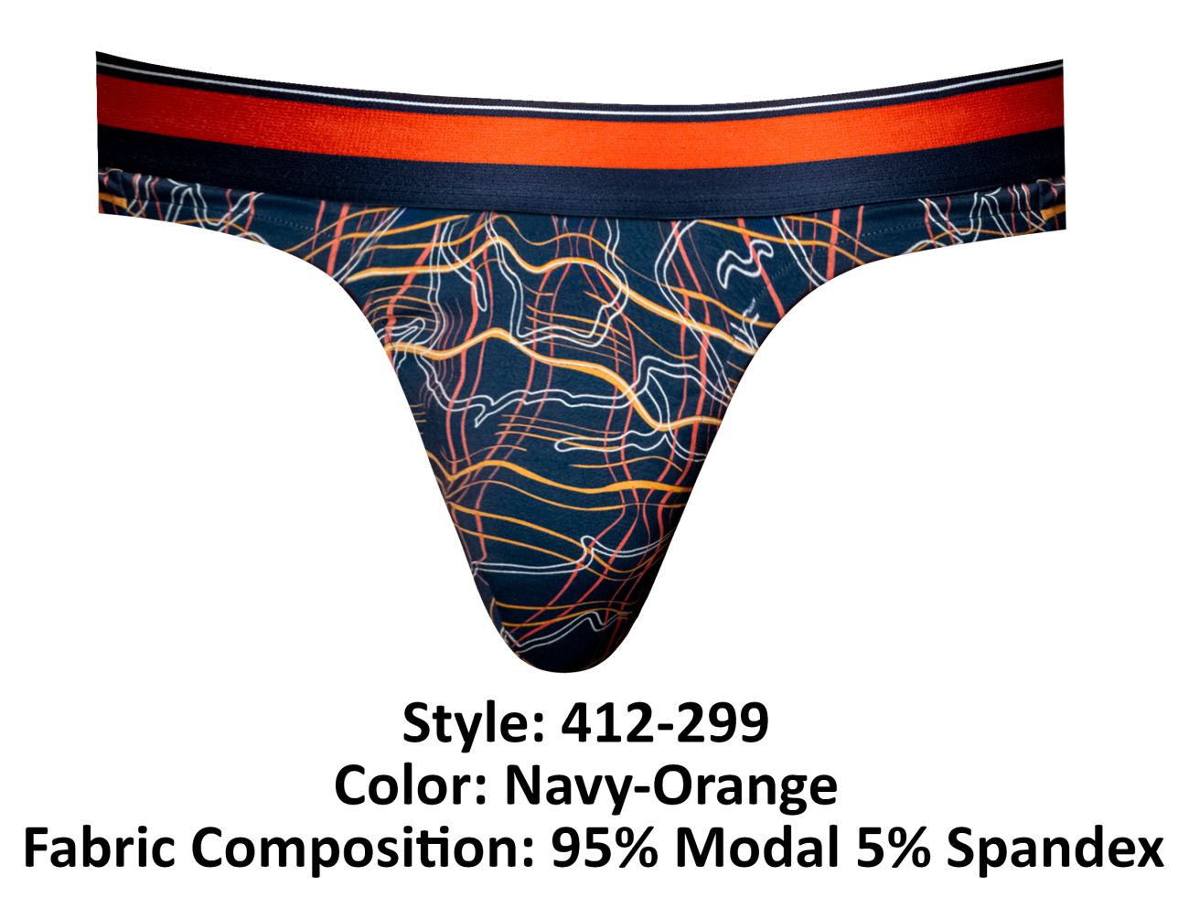 Male Power Men's Underwear 412-299 Soo Cumfy Thong Color Navy-Orange