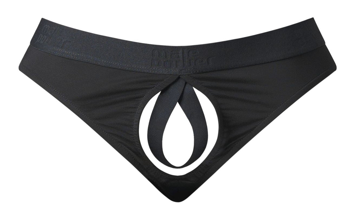 Male Power Open Ended Thong Open Front Elastic Cock Ring - Black
