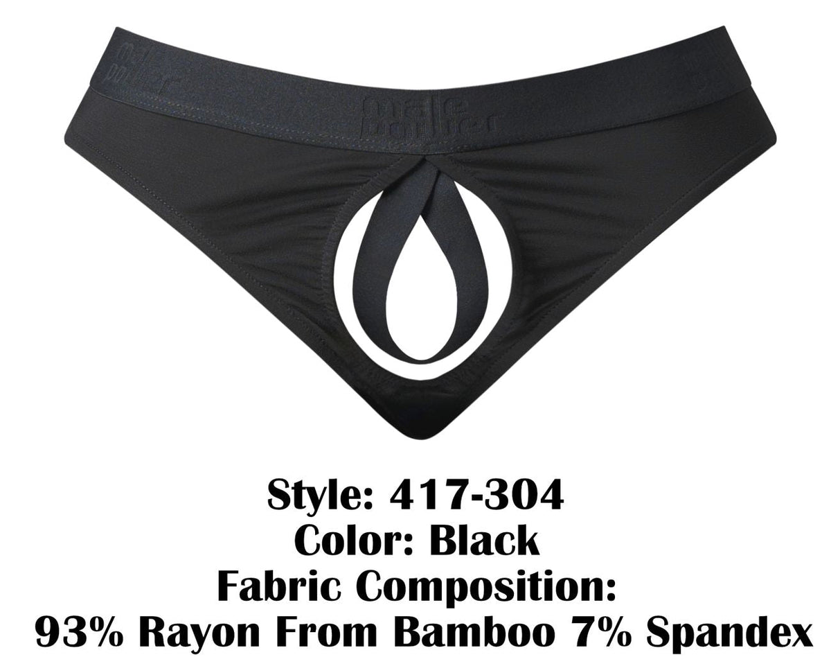 Male Power Open Ended Thong Open Front Elastic Cock Ring - Black