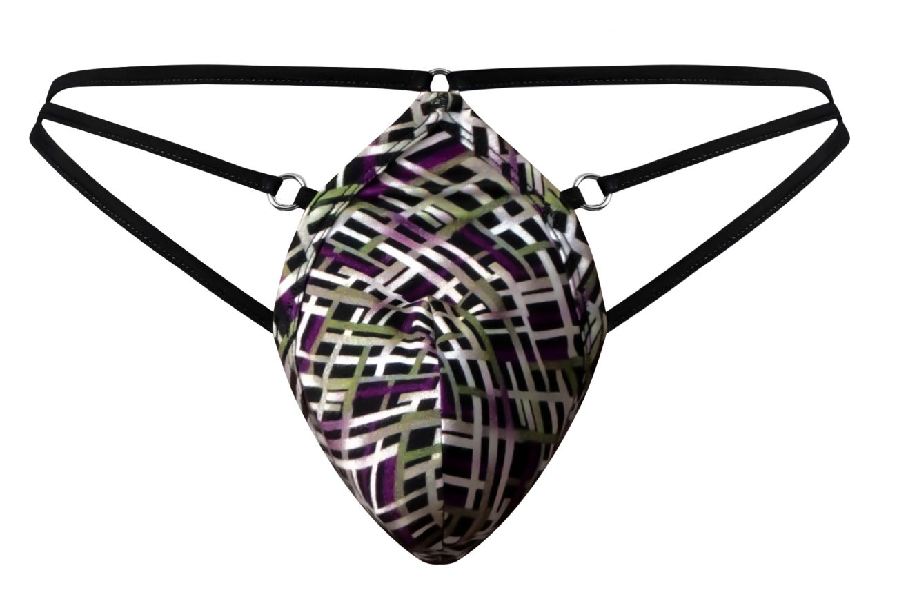 Male Power Men's Underwear 419-303 Gridlocked Thong Straps-Rings Color Printed