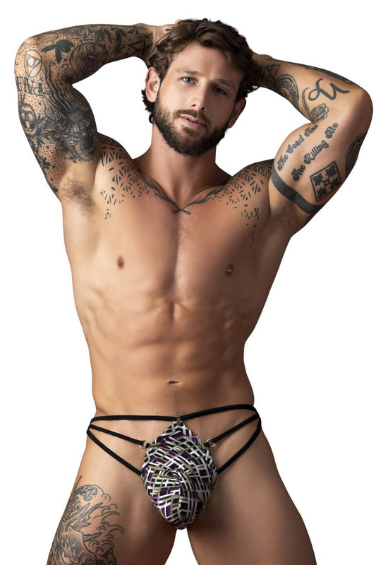 Male Power Men's Underwear 419-303 Gridlocked Thong Straps-Rings Color Printed
