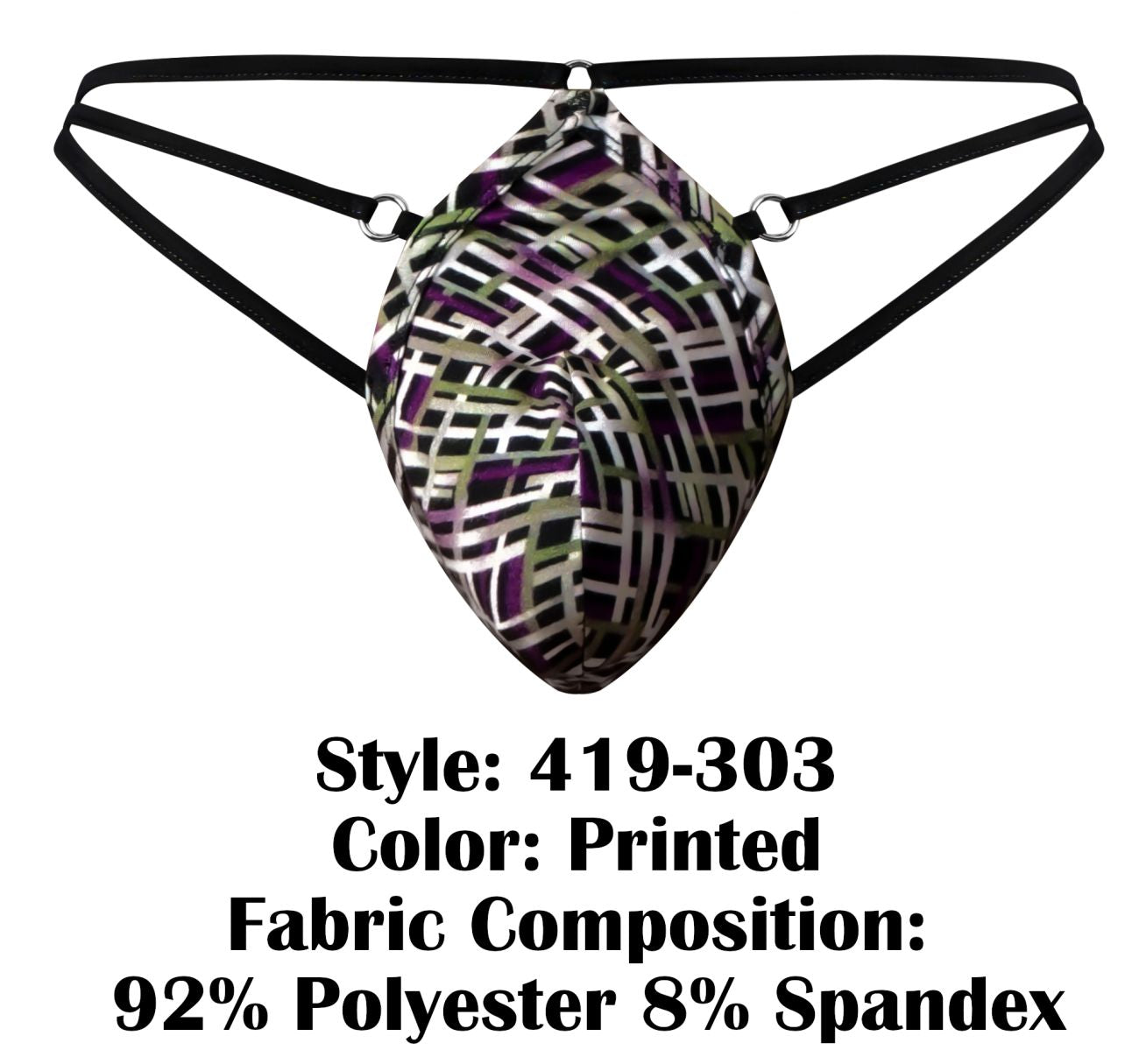 Male Power Men's Underwear 419-303 Gridlocked Thong Straps-Rings Color Printed