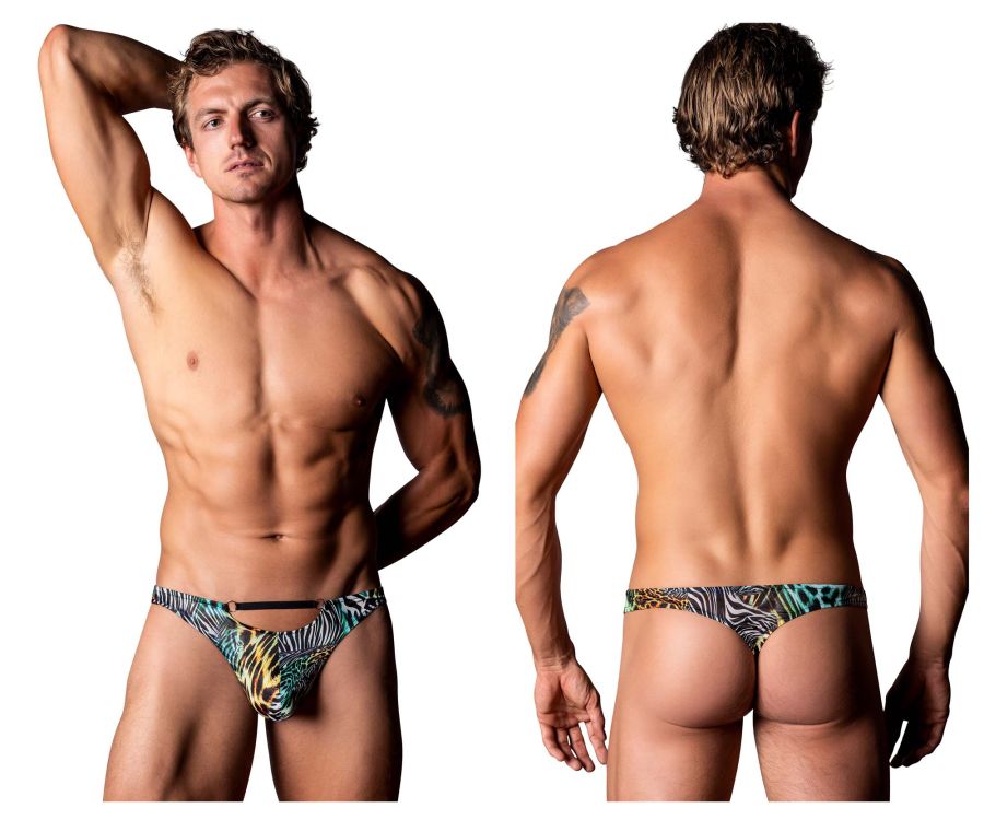 Male Power Men's Underwear 439-295 Go Wild Thong with 2 Rings Color Multi Animal