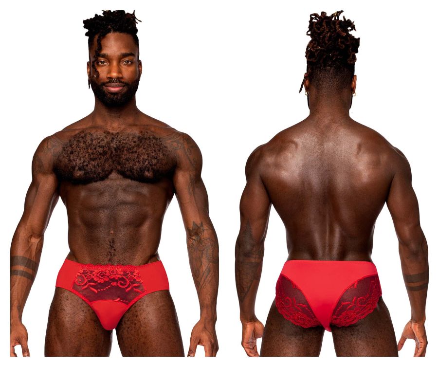 Male Power Sassy Lace High-Waisted Bikini with Sheer Mesh Pouch – Red