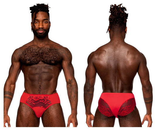 Male Power Men's Underwear 492-280 Sassy Lace High-Waisted Bikini with Sheer Mesh Pouch – Red