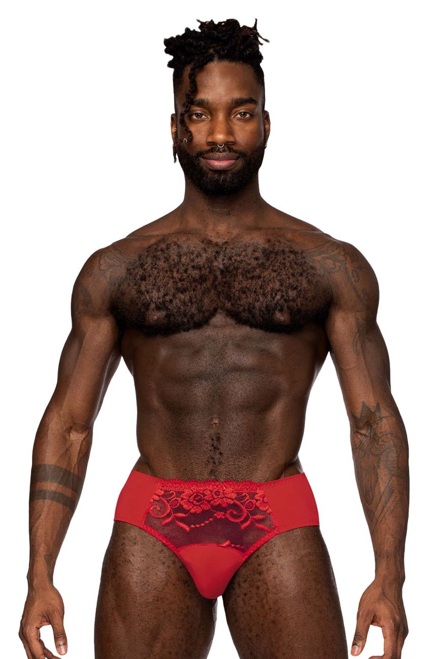 Male Power Sassy Lace High-Waisted Bikini with Sheer Mesh Pouch – Red
