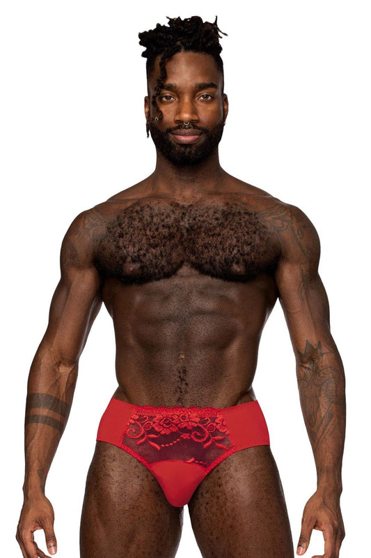 Male Power Men's Underwear 492-280 Sassy Lace High-Waisted Bikini with Sheer Mesh Pouch – Red