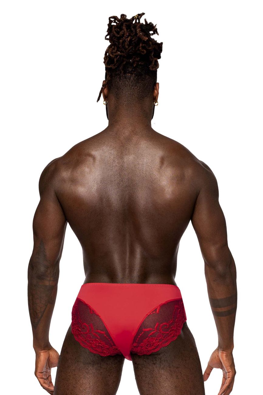 Male Power Men's Underwear 492-280 Sassy Lace High-Waisted Bikini with Sheer Mesh Pouch – Red