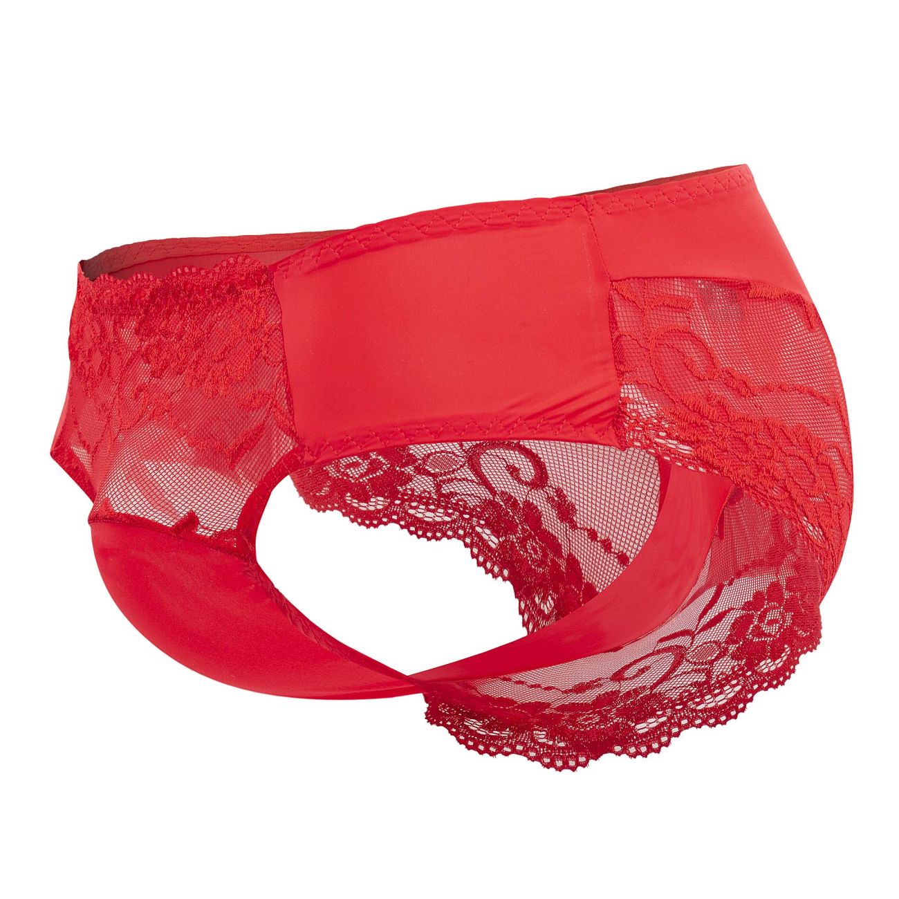 Male Power Men's Underwear 492-280 Sassy Lace High-Waisted Bikini with Sheer Mesh Pouch – Red