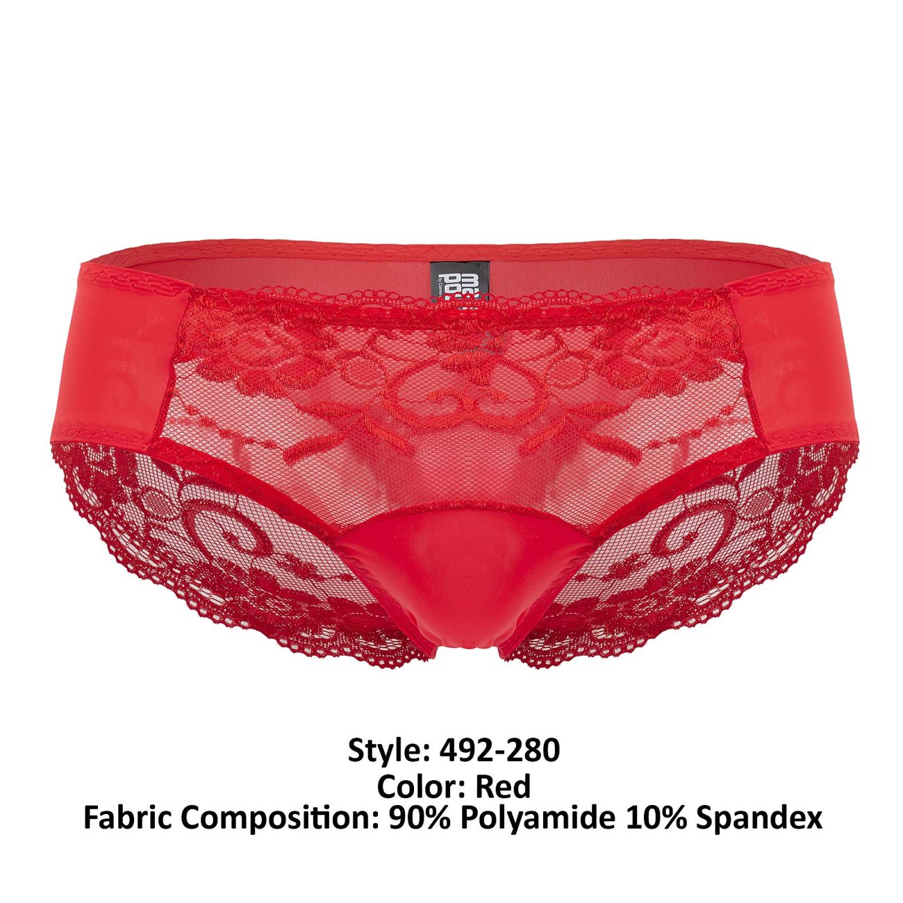 Male Power Men's Underwear 492-280 Sassy Lace High-Waisted Bikini with Sheer Mesh Pouch – Red