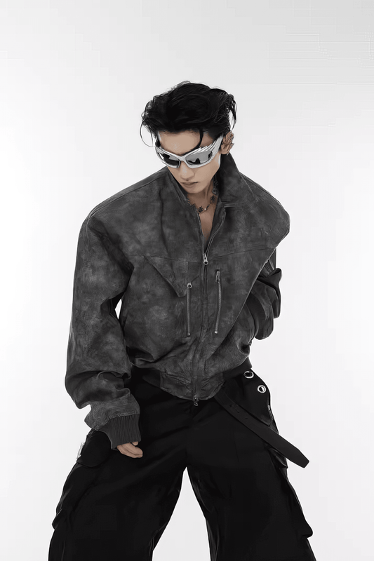 Men’s Trendy Polka Dot Gradient Pink Bomber Jacket with Shoulder Pads & Zipper Details - front view