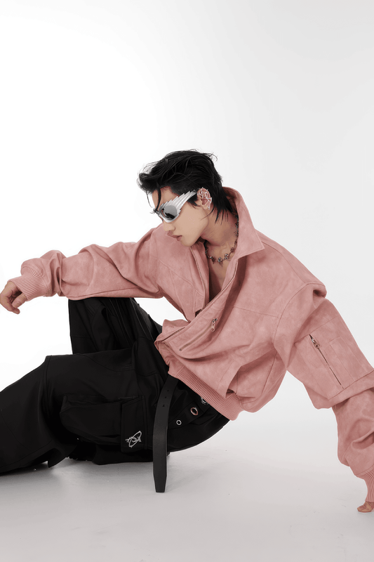Men’s Trendy Polka Dot Gradient Pink Bomber Jacket with Shoulder Pads & Zipper Details - view 2