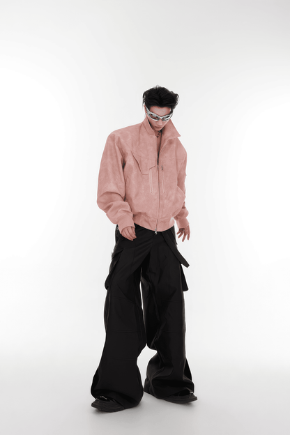 Men’s Trendy Polka Dot Gradient Pink Bomber Jacket with Shoulder Pads & Zipper Details