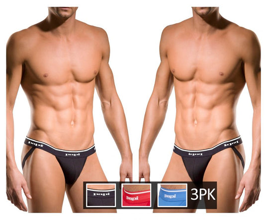 Papi Men's Underwear 705910-999 3PK 1X1 Rib Jockstrap Color Black-Red-Turquoise