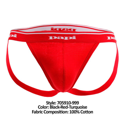 Papi Men's Underwear 705910-999 3PK 1X1 Rib Jockstrap Color Black-Red-Turquoise