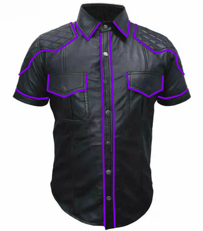 OnF Quilted Leather Shirts in Black with Purple Piping - view 2