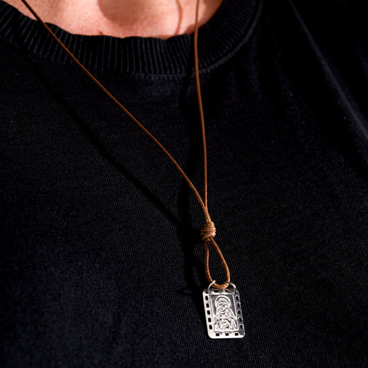 Nossa Senhora do Carmo Scapular with brown leather cord - Men's Necklace - Male Jewelry - CLEARANCE