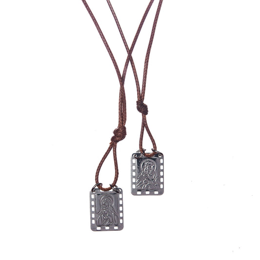 Nossa Senhora do Carmo Scapular with brown leather cord - Men's Necklace - Male Jewelry - CLEARANCE