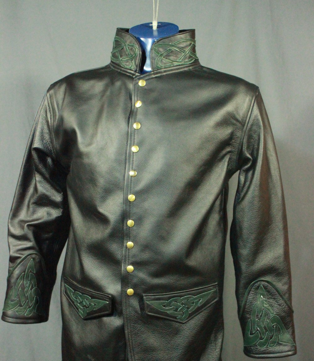 Leather dress coat with celtic highlights in forrest green. - view 3