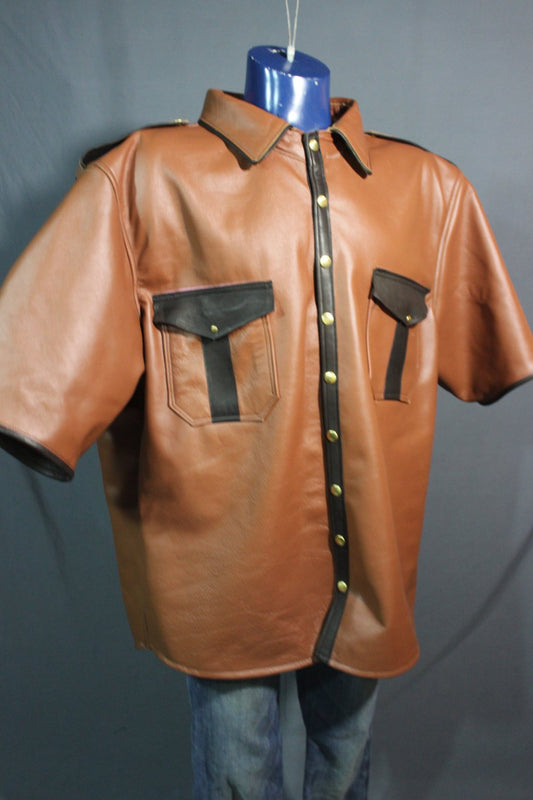 Sir Tom Matt's Collection - Leather Dress Shirt in Steampunk Brown and Brass - view 2