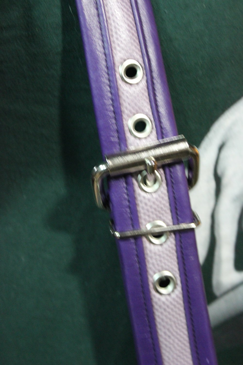 Our Hand Made lavender snake and purple leather suspenders - front view