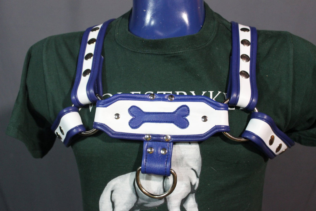 Blue and White Puppy Bone Harness - front view