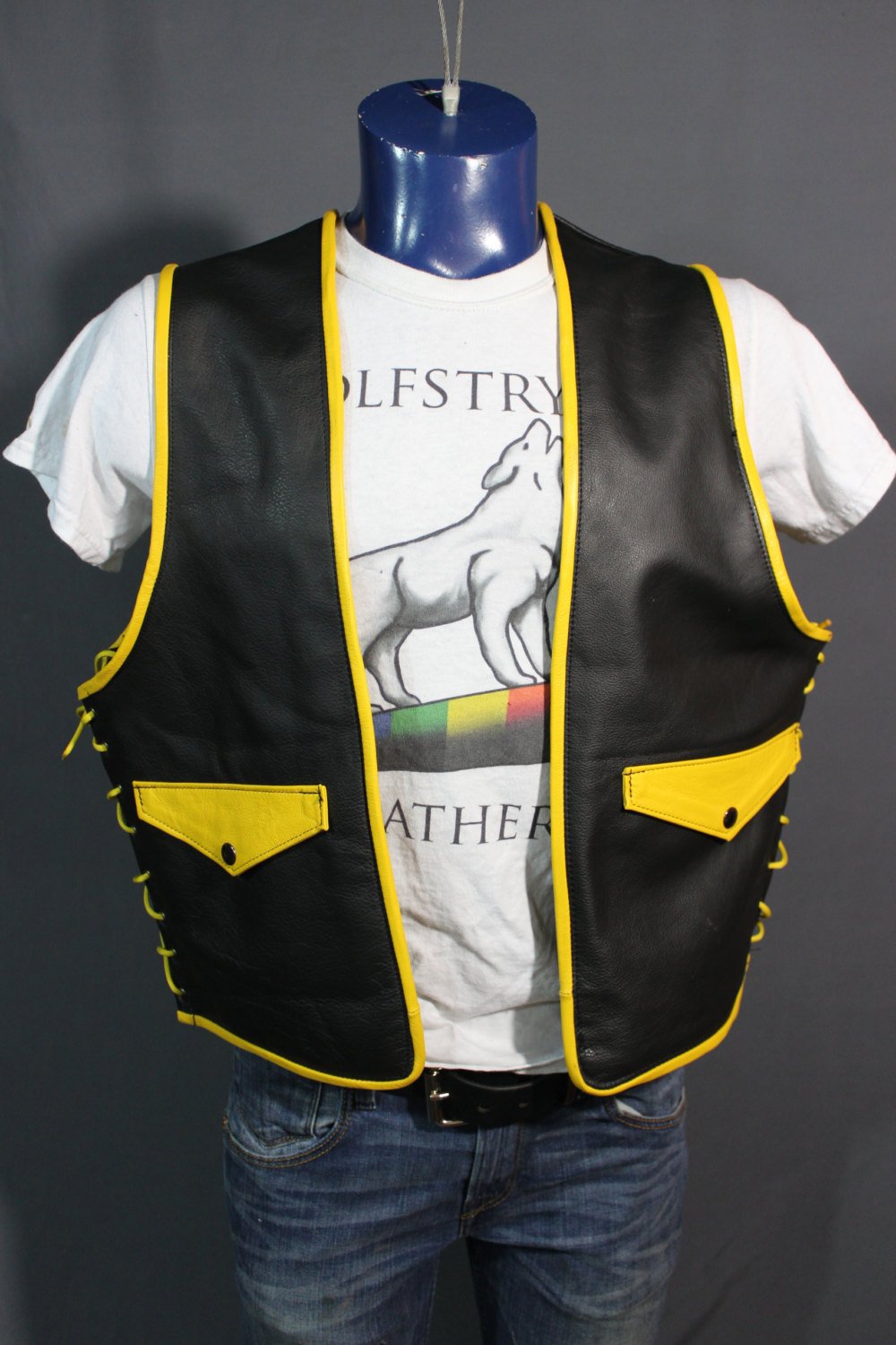 Hand Made Leather Bar Vest with Yellow Accents - front view