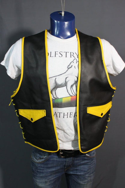 Hand Made Leather Bar Vest with Yellow Accents - front view