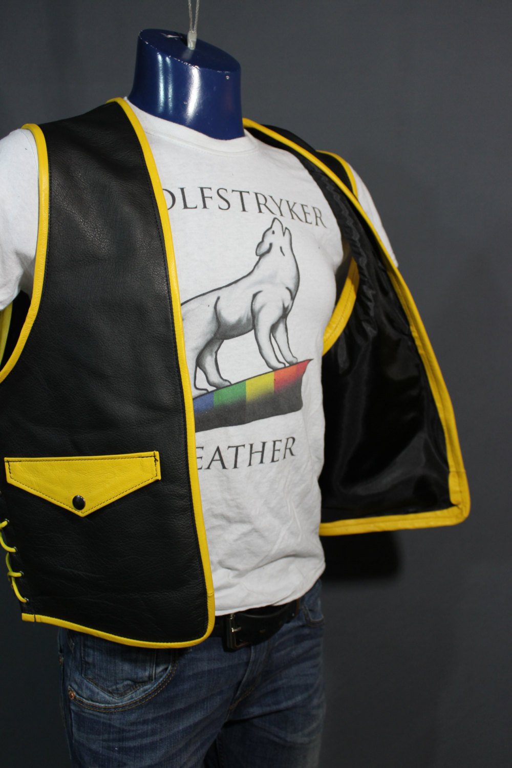 Hand Made Leather Bar Vest with Yellow Accents - view 3