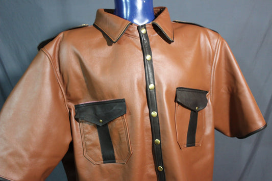 Sir Tom Matt's Collection - Leather Dress Shirt in Steampunk Brown and Brass - front view