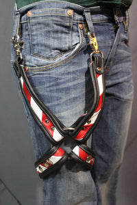 Red and white "Barber" leg harness - front view