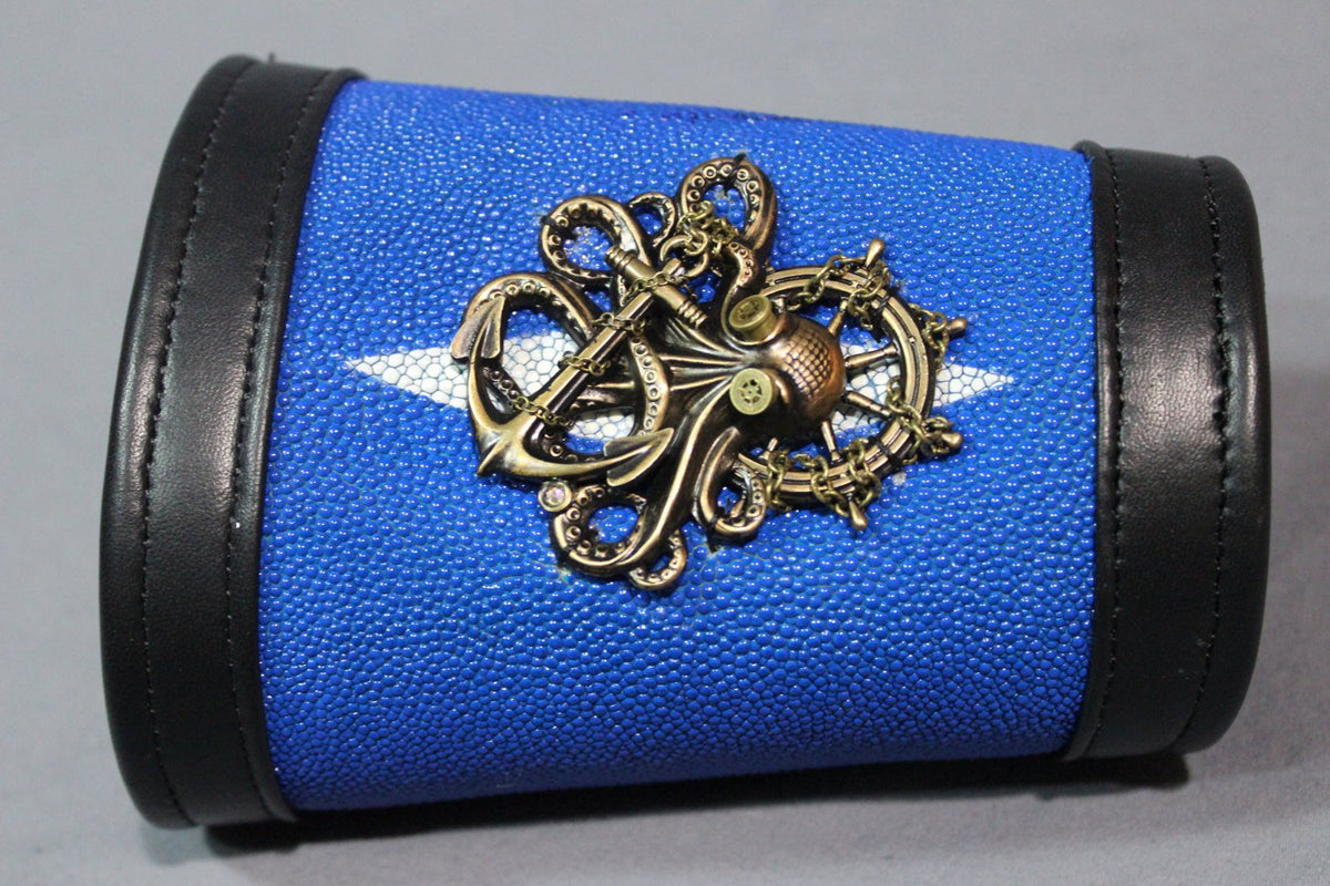 Blue stingray cuff with custom Victorian Curiousities pin! - front view