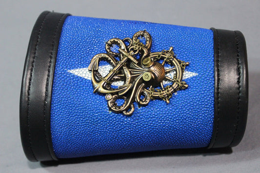 Blue stingray cuff with custom Victorian Curiousities pin! - front view