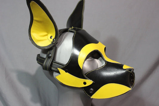 Pup Mask in Black and YELLOW with removable muzzle - front view