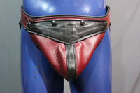 Our classic Burgundy Jock with interchangeable codpiece, and comfort waistband in soft leather. - front view
