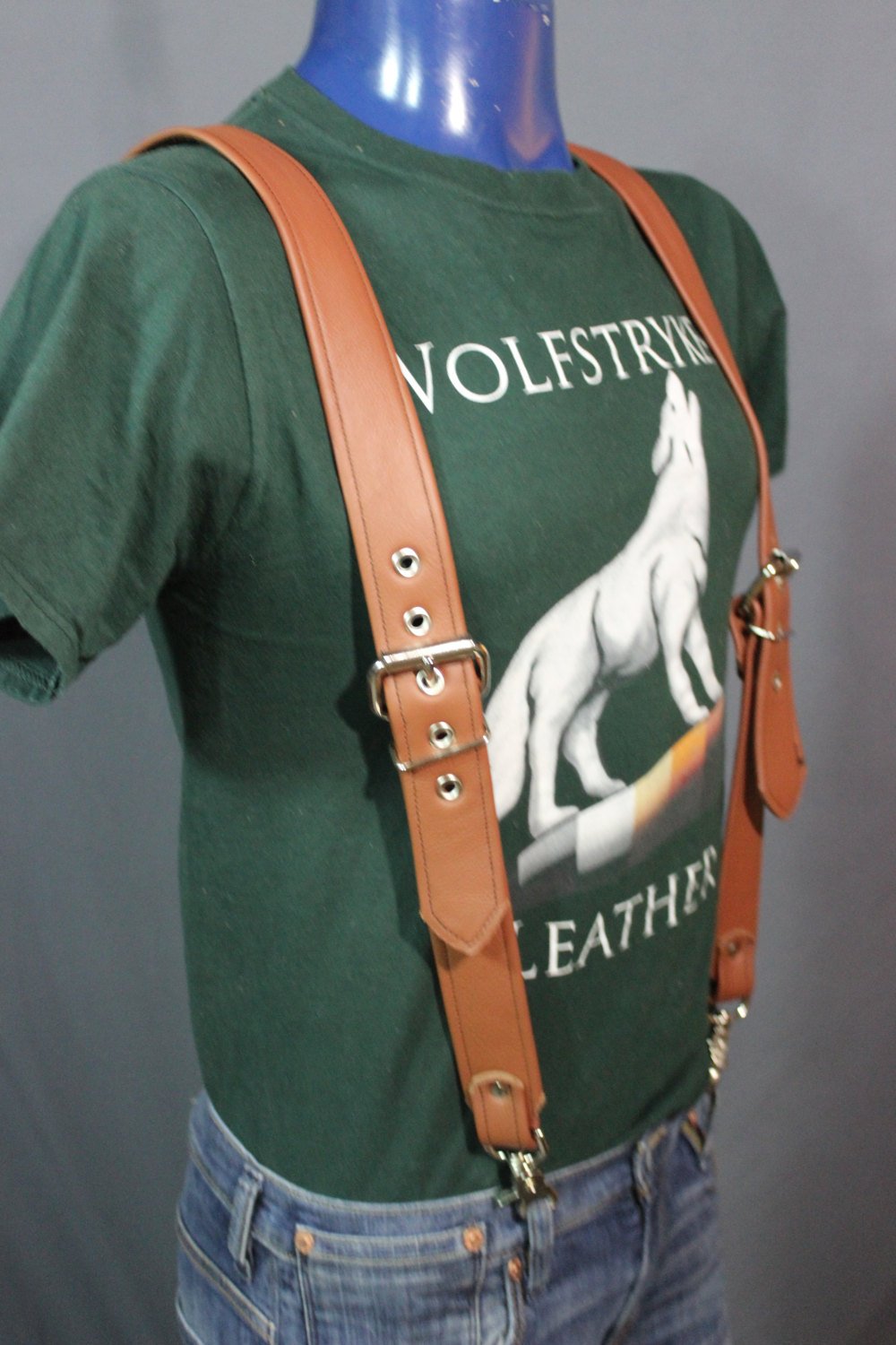 Handmade Brown Leather Suspenders, Antique Brass Hardware, Custom Fit! - view 5