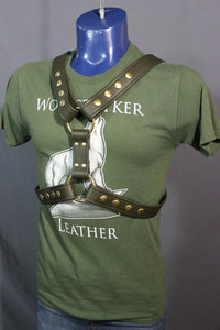 Military Olive and Brass Extended X Harness, Soft Leather Strapping - front view