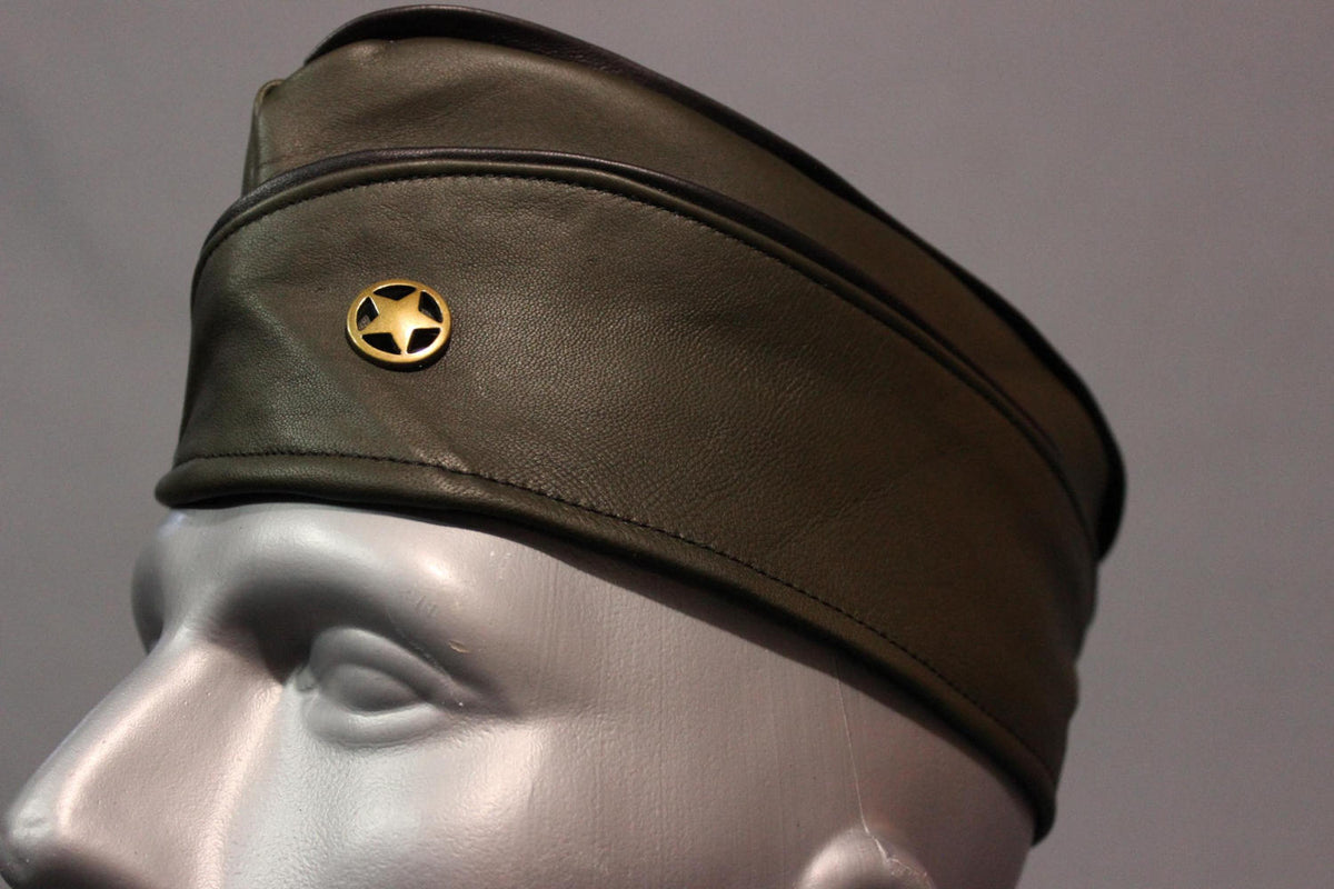 Military Olive Green Leather Garrison Cap with Brass Star Concho - front view