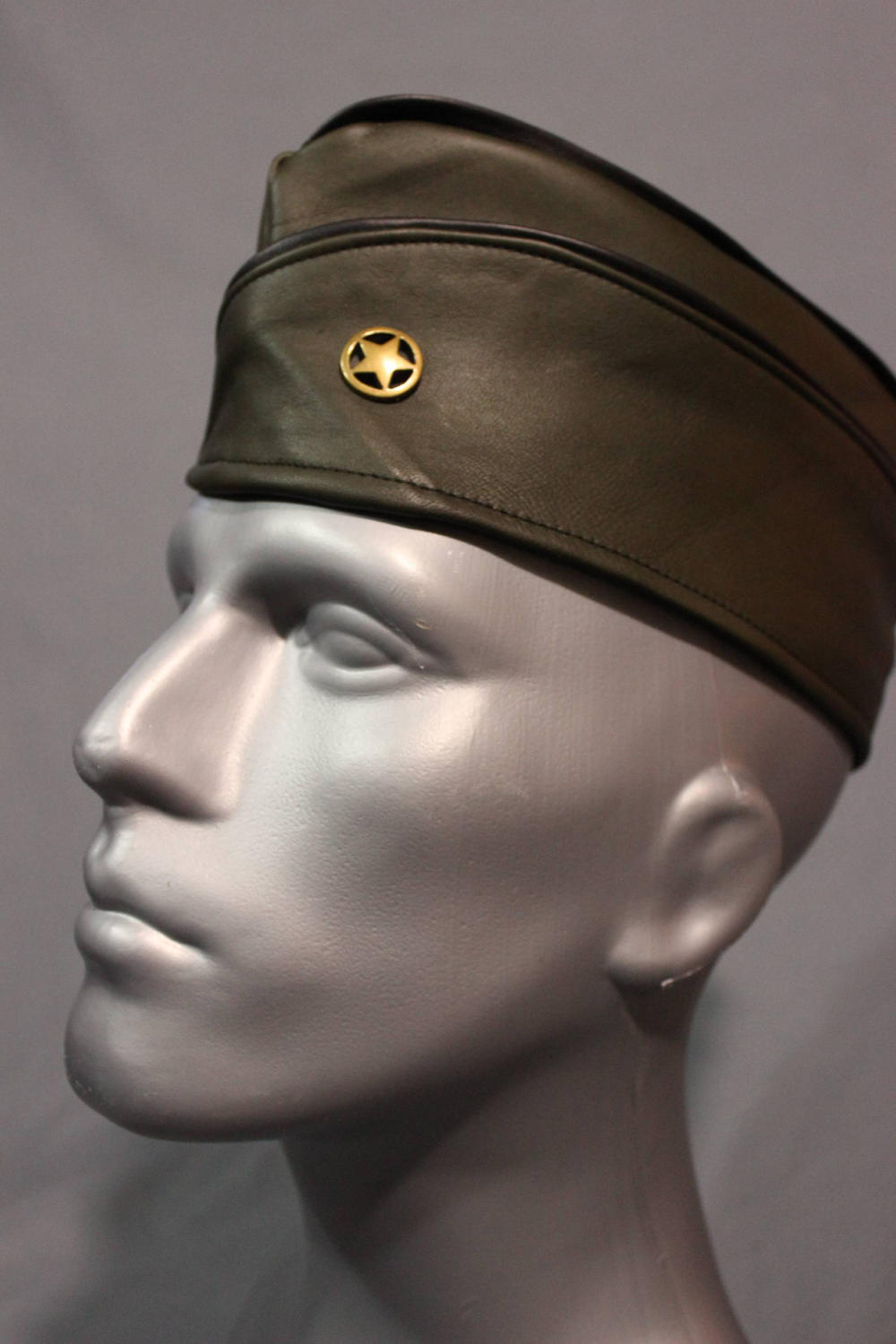 Military Olive Green Leather Garrison Cap with Brass Star Concho - view 2