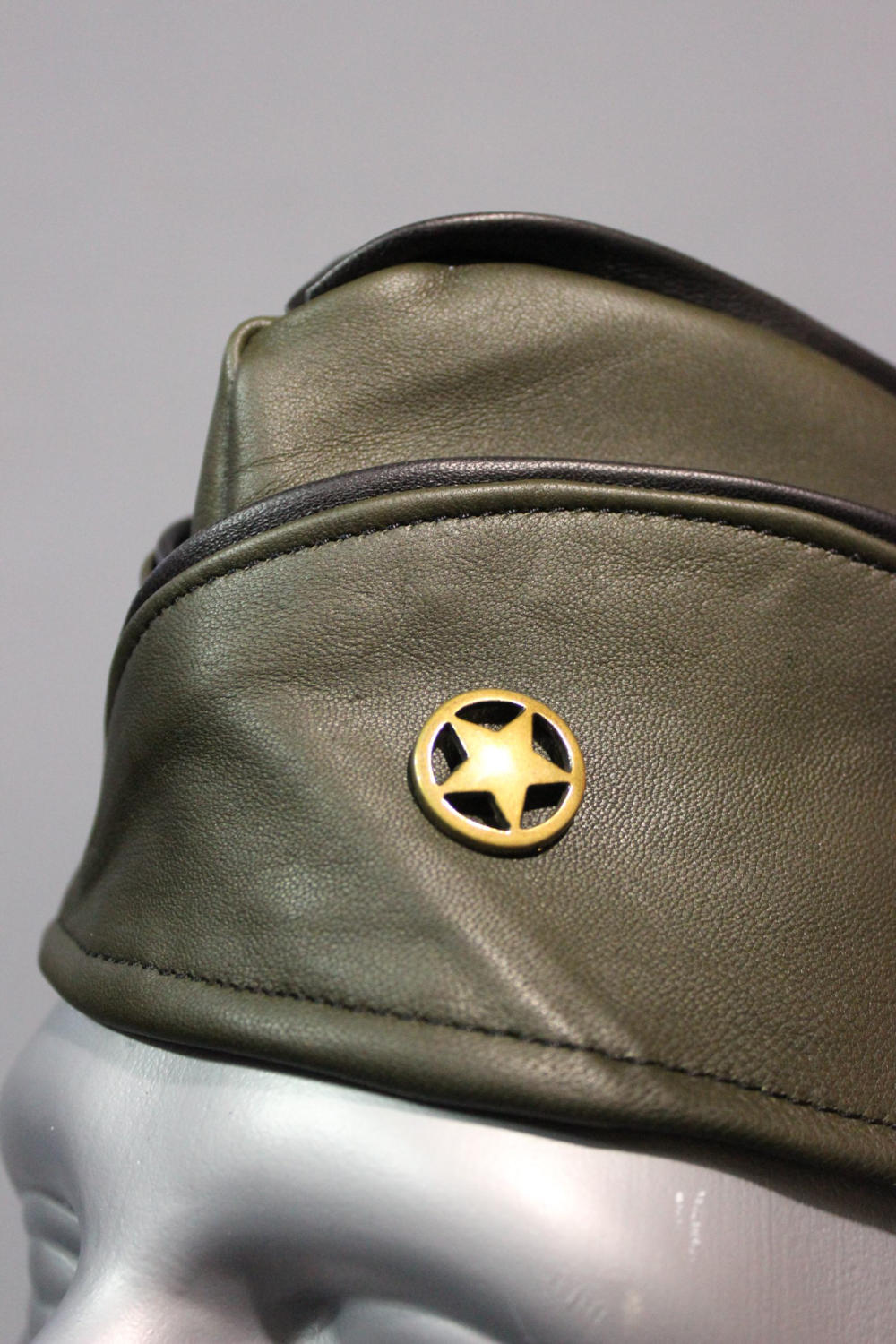Military Olive Green Leather Garrison Cap with Brass Star Concho - view 5