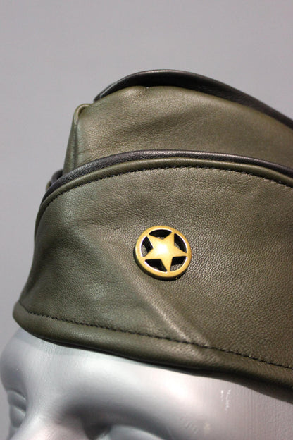 Military Olive Green Leather Garrison Cap with Brass Star Concho - view 5
