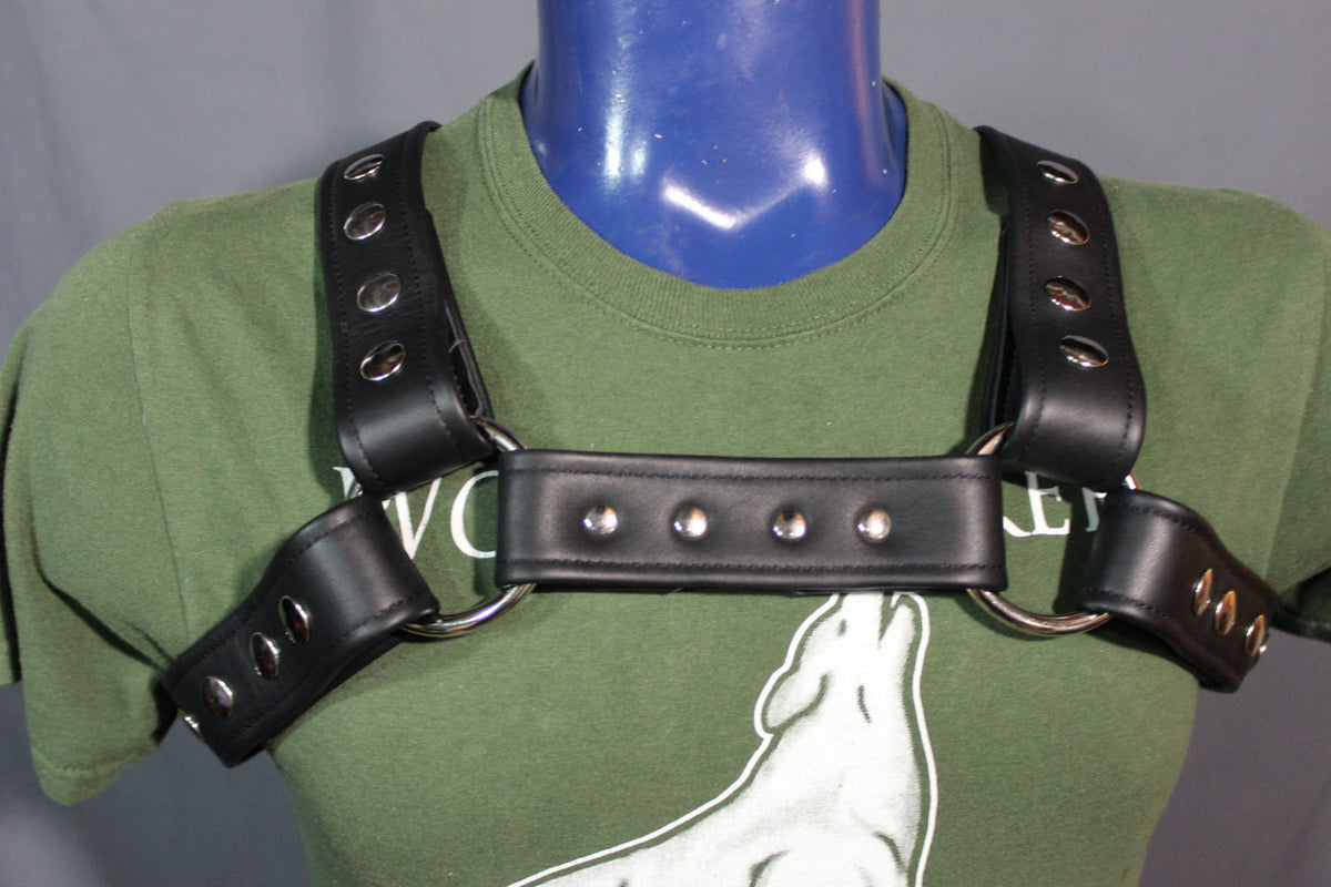 Classic Black Leather Bulldog Harness with Gunmetal Hardware - front view