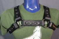 Classic Black Leather Bulldog Harness with Gunmetal Hardware - front view