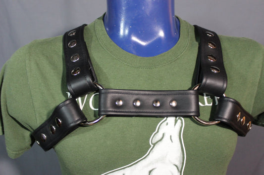 Classic Black Leather Bulldog Harness with Gunmetal Hardware - front view