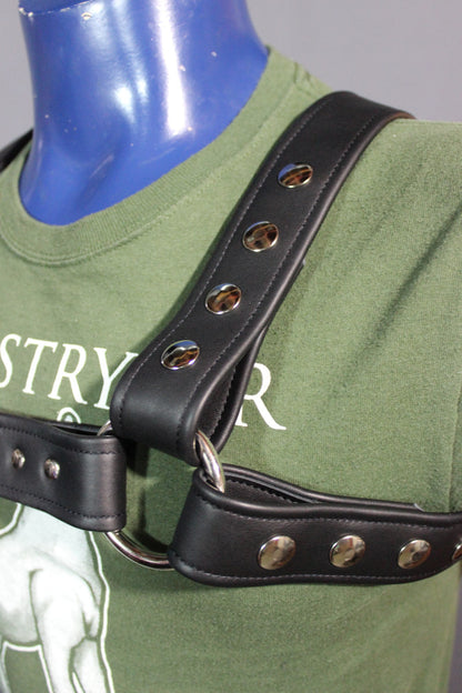 Classic Black Leather Bulldog Harness with Gunmetal Hardware - view 3